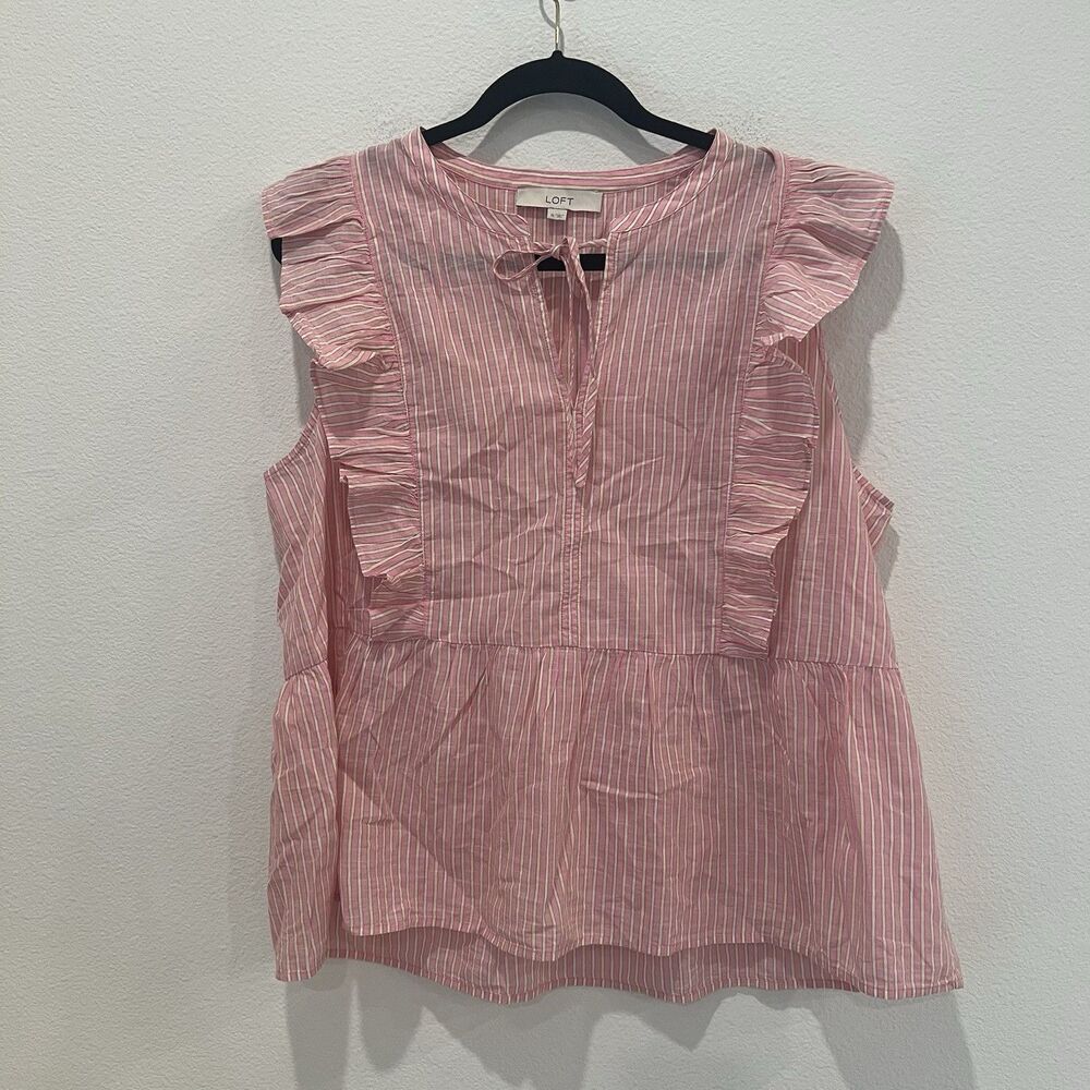 LOFT Pink White Striped Ruffle Peplum Sleeveless V-Neck Blouse Top XL